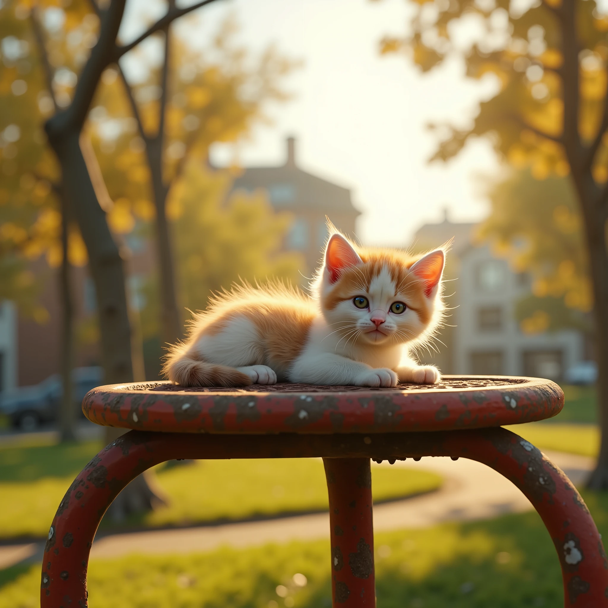 1 kitten basking in the sun on rusty playground equipment in a park with no people、warm sunshine 。