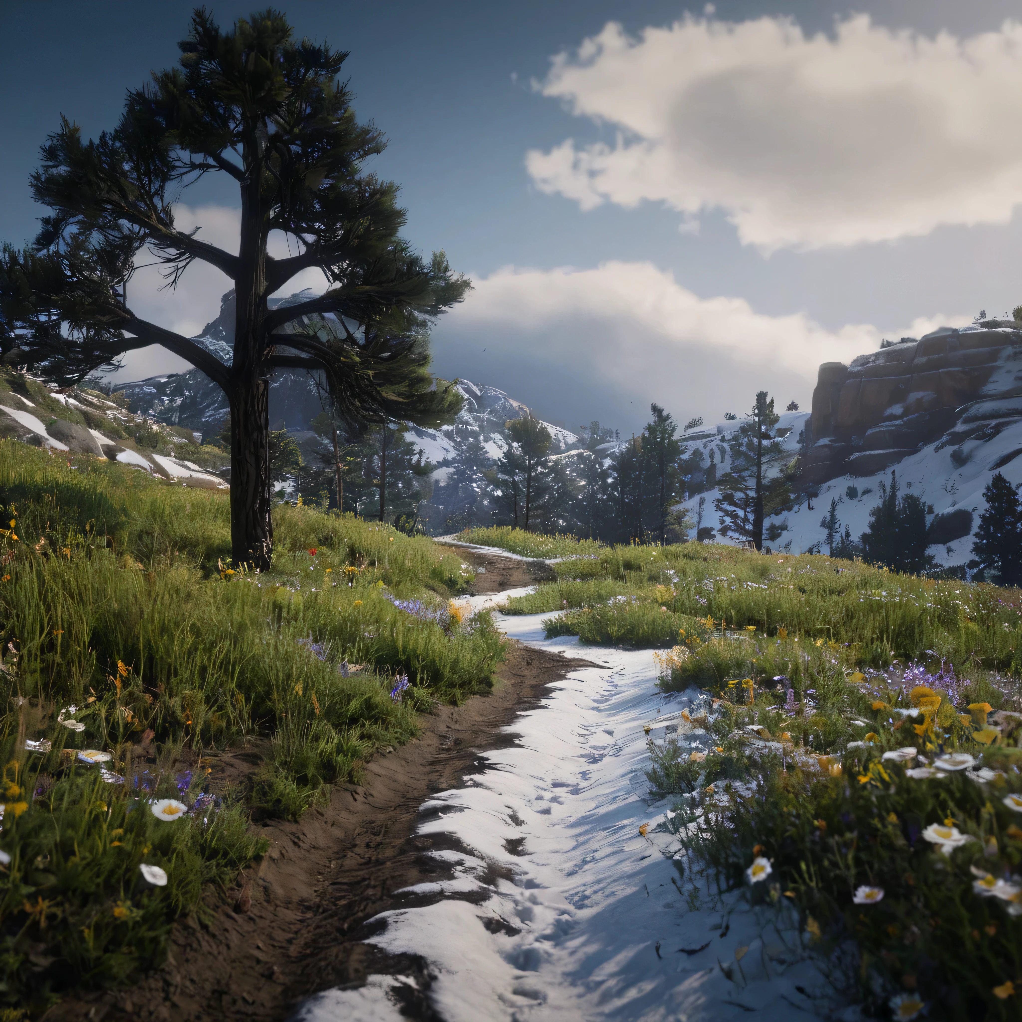 cinematic film still of cinematic no people,   Close up od a really snowy mountian really deep snow ,with snow ,pathway ,wildflowers , outdoors,sky,cloud,tree,grass,ground,wildflowers, epic, Western, adventures, outlaw, Red Dead, Western United States, wild west,  Open world, 1900's, realistic, cinematic, film look, dramatic light, partially covered in shadows, gang, Western-themed action-adventure, Red Dead Redemption style, shallow depth of field, vignette, highly detailed, high budget, bokeh, cinemascope, moody, epic, gorgeous, film grain, grainy