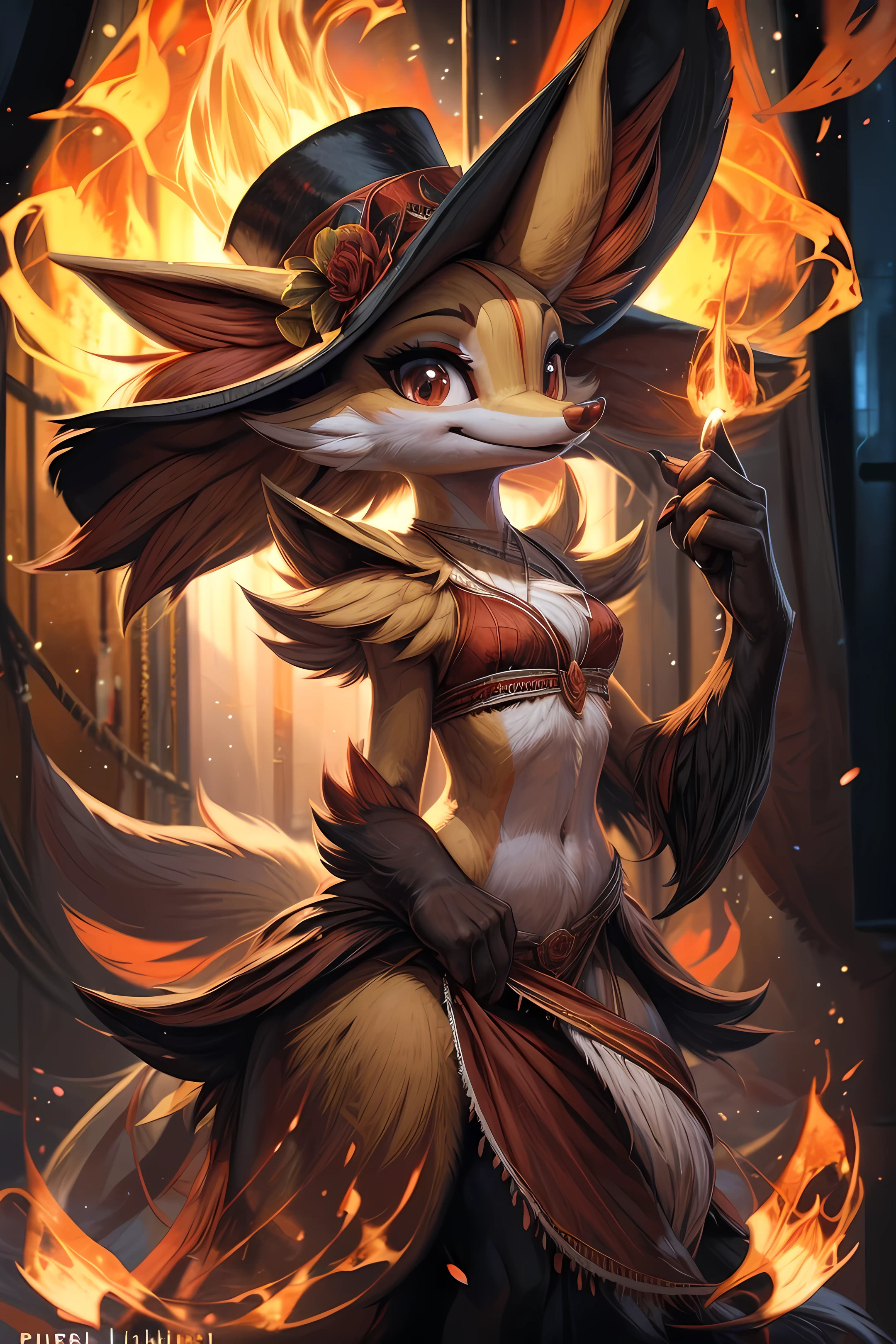 Anthro female delphox presenting the show, close shot, holding the camera pose, flames and light, fluffy, cute, professional illustration, masterpiece, high quality, 4k, wears circus showman's cloth, wears dark_red cilinder_hat, claws, by pixelsketcher, by hioshiru, trending, 