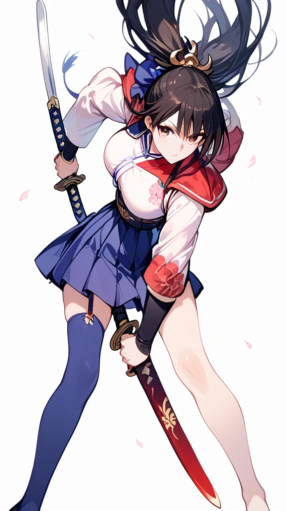 Wear a skirt、Woman with a sword, Draw the sword, She has a sword,  full body commission of two swords , Arab woman in uniform holding a sword ,  inspired by Seikage Kusumi , rumiko, Dramatic sword swing pose , katana,  female action anime girl , Great Sword