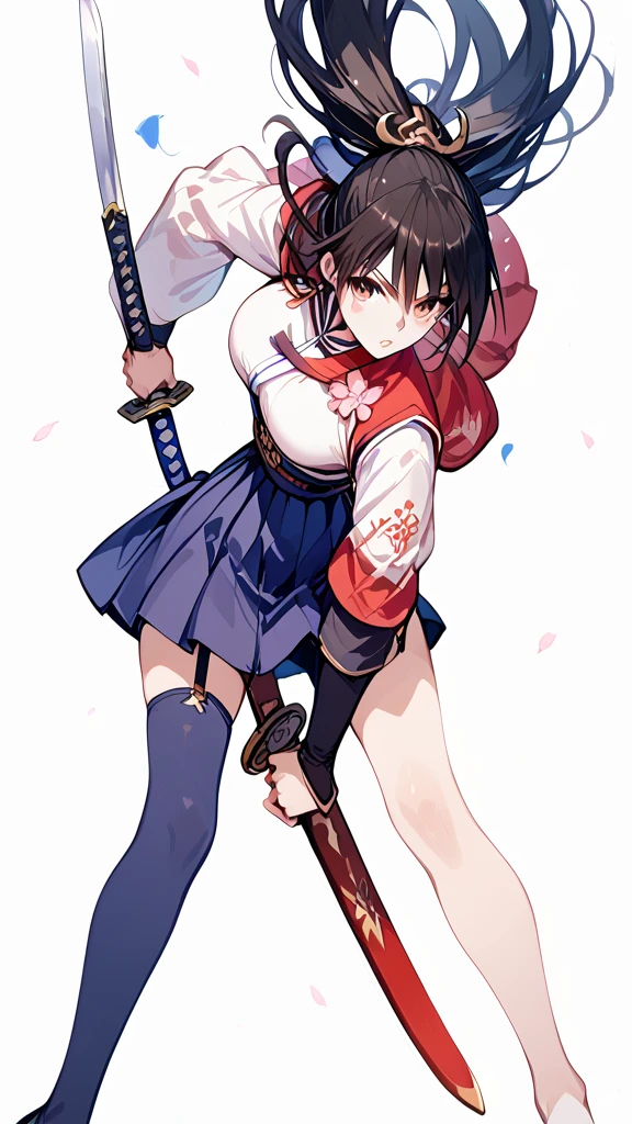 Wear a skirt、Woman with a sword, Draw the sword, She has a sword,  full body commission of two swords , Arab woman in uniform holding a sword ,  inspired by Seikage Kusumi , rumiko, Dramatic sword swing pose , katana,  female action anime girl , Great Sword