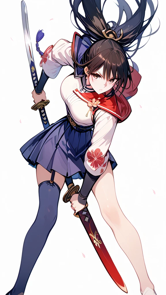 Wear a skirt、Woman with a sword, Draw the sword, She has a sword,  full body commission of two swords , Arab woman in uniform holding a sword ,  inspired by Seikage Kusumi , rumiko, Dramatic sword swing pose , katana,  female action anime girl , Great Sword