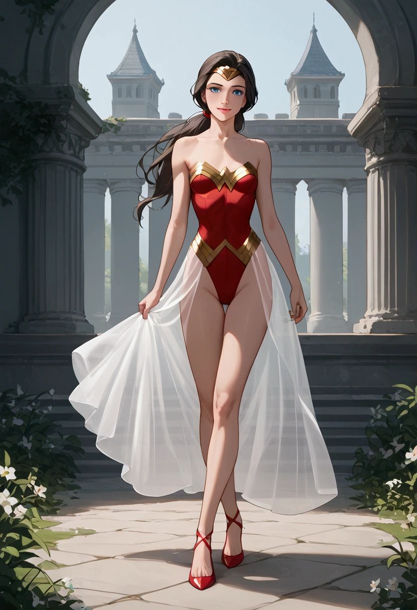 ((full body shot, standing, feet on the ground)) Wonder Woman suit, masterpiece, best quality, highly detailed, score_9, score_8_up, score_7_up, score_6_up, anime font,BREAK, 2 girl, solo, no clothes, nude, long hair, blue eyes, flower, hair tie, small breasts, bow, looking at viewer, freckles, parted lips, smile, full body, red lips, lips, leather ballet shoes, turned sideways 45 degrees , She looks for you, your gauze hurts, fishnets, deep white, neutral cast
