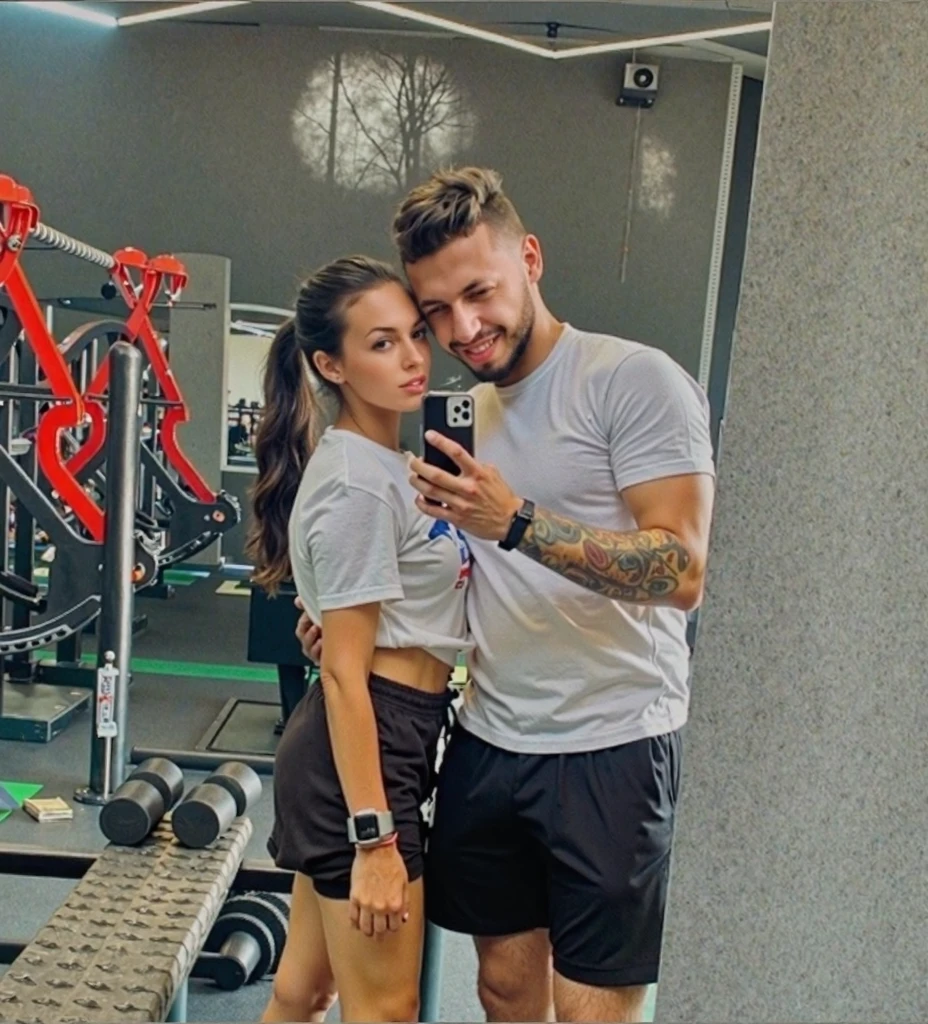 casal na frente do espelho da academia