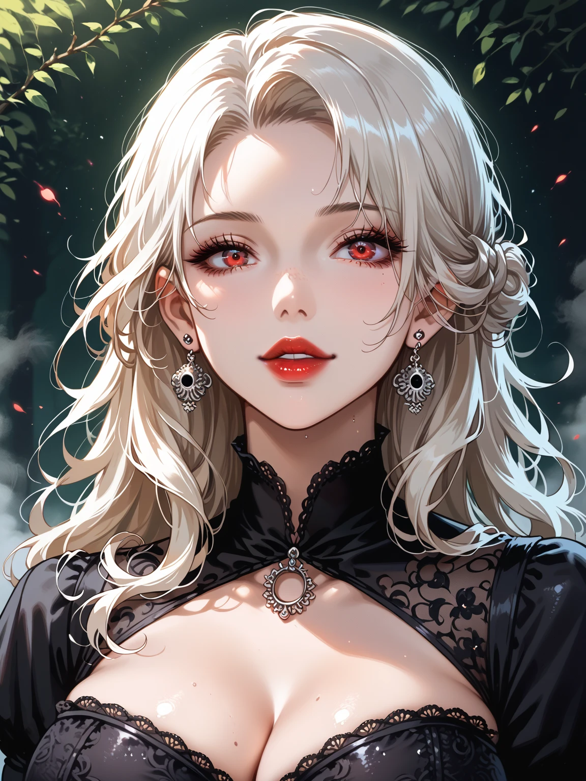 Masterpiece, upper body portrait, score_9, score_8_up, score_7_up,source_anime, Intellectual Cool Beauty, Long hair, curly white Hair, Lustrous Face, Compensating, piercing red Eyes, Large Piece, Black Gothic Bear Dress, parsed red lips, fluttering hair, milf, huge breasts, Dim Basement Background, Shading Effect, Gradient Magic Effect, soft light, Fog Filter Effect, Glitter Effect Great Effects, (Super Detail, High Resolution, Best Quality), Delicate and Dynamic