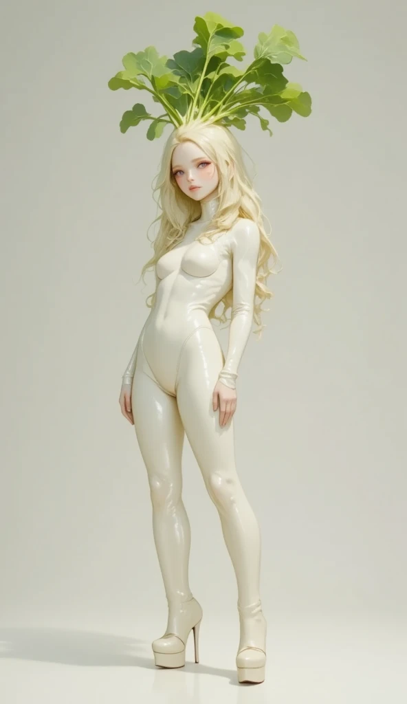 Super realistic illustration, Detailed Fantasy art, Cinema 4D rendering, full body, 1 female slender cosplayer is cosplaying as a cute daikon girl in comic market 105, shiny skin, white latex high cut leotard without navel, white evening gloves, white pantyhose, white high heel thigh boots, very long green daikon leaves hair, Purple Eyes, Half Closed eyes, bewitching smile, glossy lips, grumpy expression, big breasts, cleavage, Black lips, Heavy makeup, Beautiful legs, Shooting standing pose