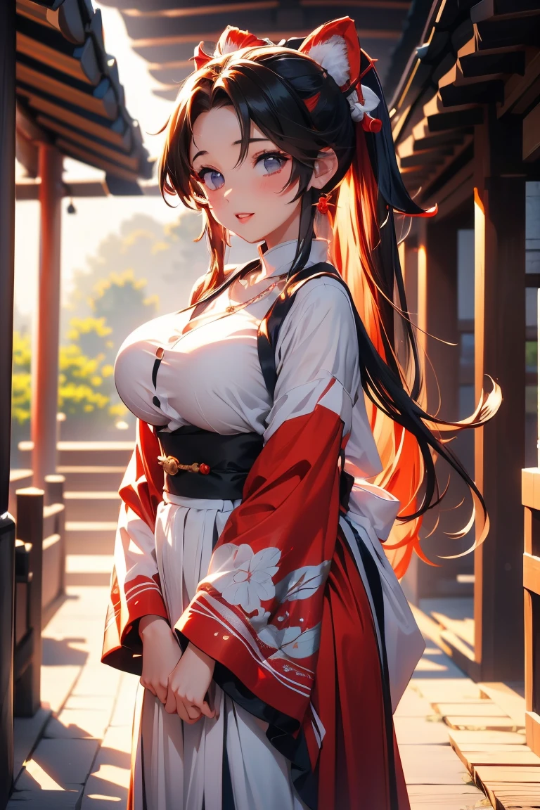 ((8k resolution))、((highest quality))、((masterpiece))、((Very detailed))((((dramatic))), (Anatomically correct)、The depth of the object to write、perspective:Spy Camera、front、one person、woman、Slim but muscular body, Toned arms, length, Thin legs, Center of chest、Athletic Presence,(Hairstyle:undercut 、Long Red Hair、Flower Hair Ornaments、Three white eyes、Double teeth、smile、Embarrassed expression)、Undressed kimono、(theme、whole body:1.1)、Early summer background、Fresh greenery、Japanese-style room