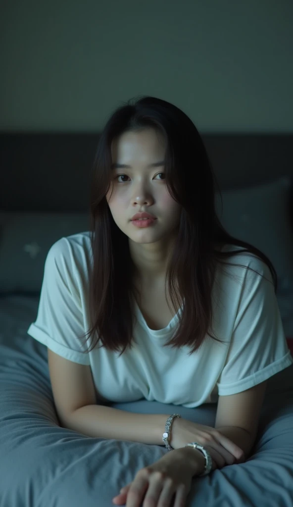 selfie photo,thai woman,27 years old,straight hair,,grey bed with moon and star pattern,lying down,loose white t-shirt,dark,in a very dark room,low saturation,low resolution,cinematic