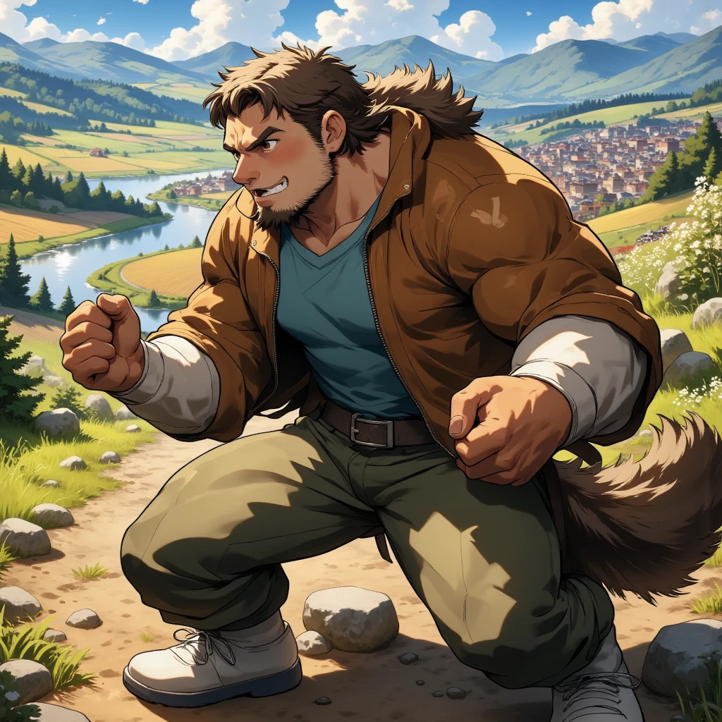 character focus, full body, looking away, dynamic angle, european fantasy, a muscular middle-aged human man, (jacket), (shirt), pants, boots dynamic pose, BREAK complete anatomy, perfect proportions, beautiful thigh gap, fluffy body, intricate fur details, beautiful fur texture, BREAK detailed boots, detailed foot, detailed hands, 5fingers, 5fingers nails, BREAK manly, intense face, insanity detailed face, male face, big face, square jawline, aesthetic anime eyes, detailed brown eyes, detailed brown cornea, detailed dark brown irises, detailed pupils, male eyes, big eyes, male eyebrows, innocent look, beautiful beard, BREAK full body in Michelangelo Buonarroti style, digital illustration anime, housamo style, detailed painting landscape, city, path, outdoor, full color, HDR, BREAK masterpiece, official art, best quality, very aesthetic, absurdres, super fine illustration, great quality, BREAK noise reduction, very highres, large filesize, high quality, 32K, 8k wallpaper, dynamic lighting, BREAK insanity detailed, ultra detailed, intricate details, extremely detailed, detailed texture, an extremely delicate and beautiful, BREAK e621 illustration, osukemo, kemohomo, anthropomorphic, furry, cartoon, harmonious, pastoral face, virtuous eyes, city atmosphere