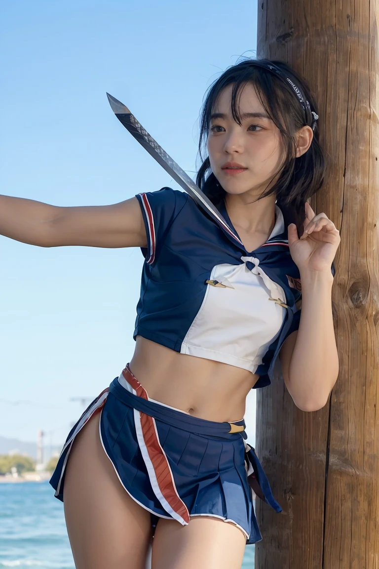 (Ultra HD, Highest quality, High resolution, Hyperrealistic, super beautiful), Beautiful woman, high school girl, Long Tail, Headband, Well-formed eyes, Eyesight max, 18-year-old, Alluring, Completely American, perfect body, Physical Beauty, ((Japanese Sailor Suit:1.3, serahuku, mini skirt)), (((hold, Electric Japanese Sword, Ancient Scabbard, Two-Way))), Blue Lightning, Charge Move, (Special move position), All in one, Absurd, (((Anatomically correct))), whole body