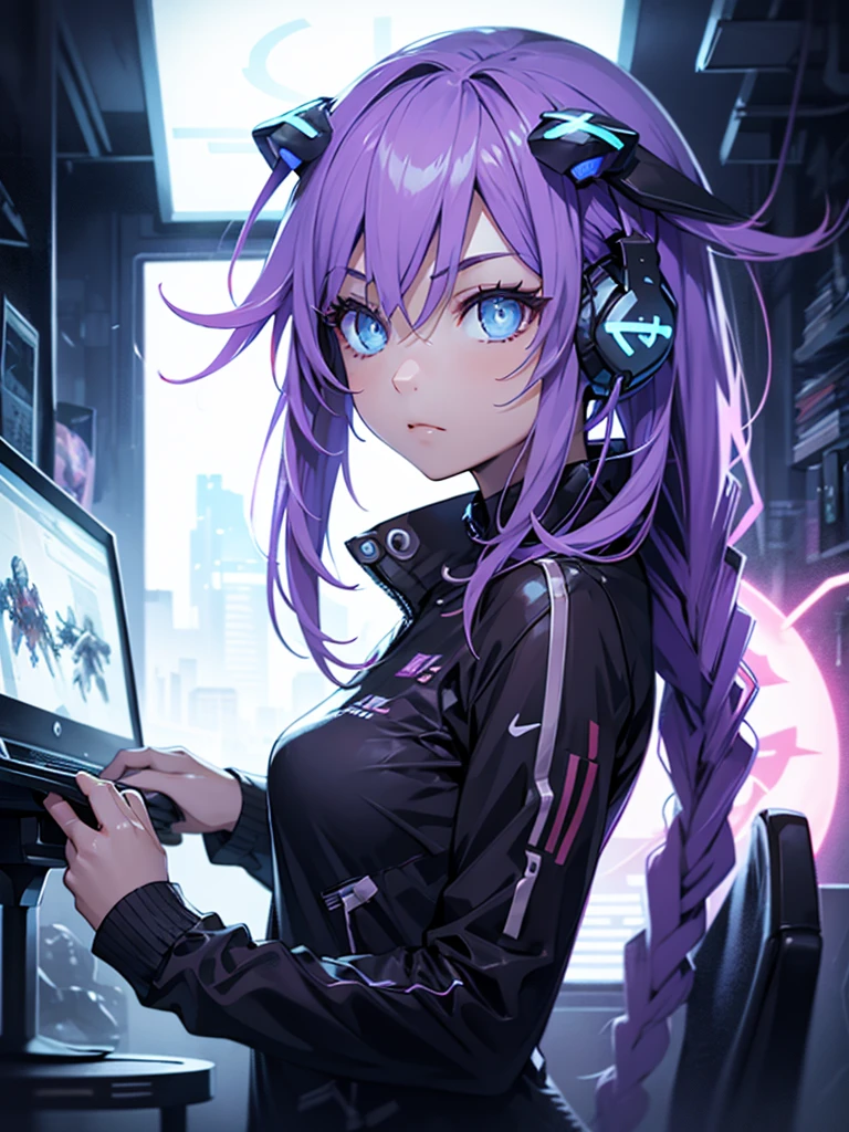  In a dark room at night 。 Ela is using headphones with a microphone 、 Securely holding the game controller 。 focus on the screen 、Enjoying the game ,  It is clear that she is immersed in the world of games ..。 In contrast to the silence of the room , happy