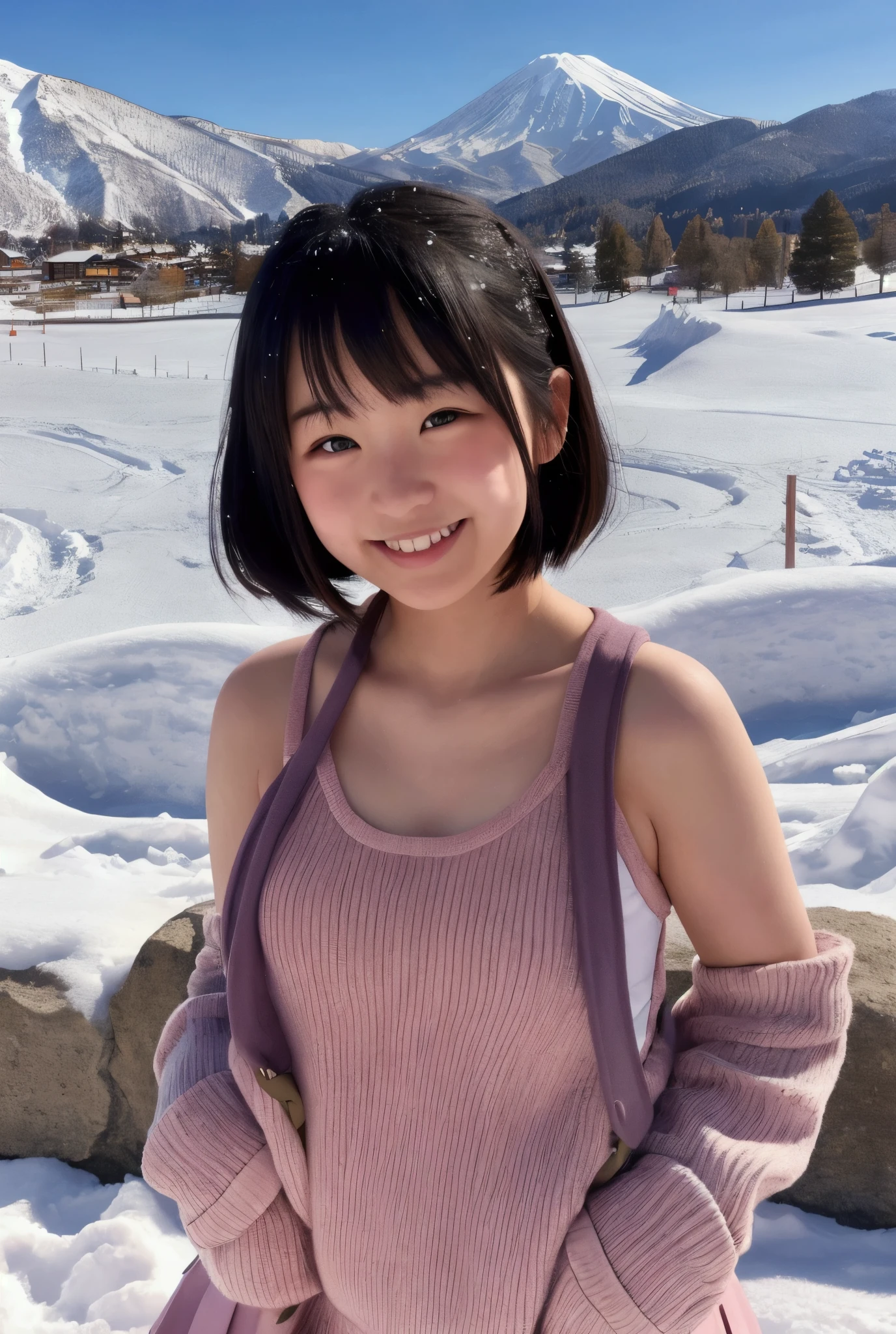 (10 years old) ,girl、(Bunny ears headband)。(Random Nudes),Exhibitionism,((Random exposure of genitals))。 Beautiful areola。Small breasts. Thin Hair。(On top of a snowy mountain). Detailed and complex background。((Light Brown Hair))。(Chinese Face). ((Short Bob Hair)). Cute smile. . Smooth Hair. Thin Hair. White skin. Cute pose with legs apart.