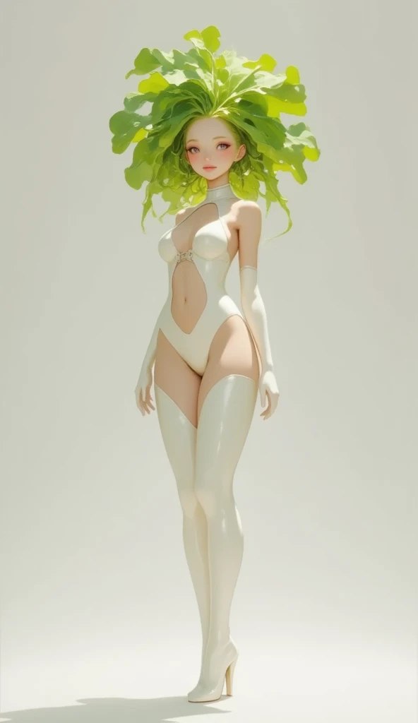 Super realistic illustration, Detailed Fantasy art, Cinema 4D rendering, full body, 1 female slender cosplayer is cosplaying as a cute daikon girl in comic market 105, shiny skin, white latex high cut leotard without navel, white evening gloves, white pantyhose, white high heel thigh boots, very long green daikon leaves hair, Purple Eyes, Half Closed eyes, bewitching smile, glossy lips, grumpy expression, big breasts, cleavage, Black lips, Heavy makeup, Beautiful legs, Shooting standing pose