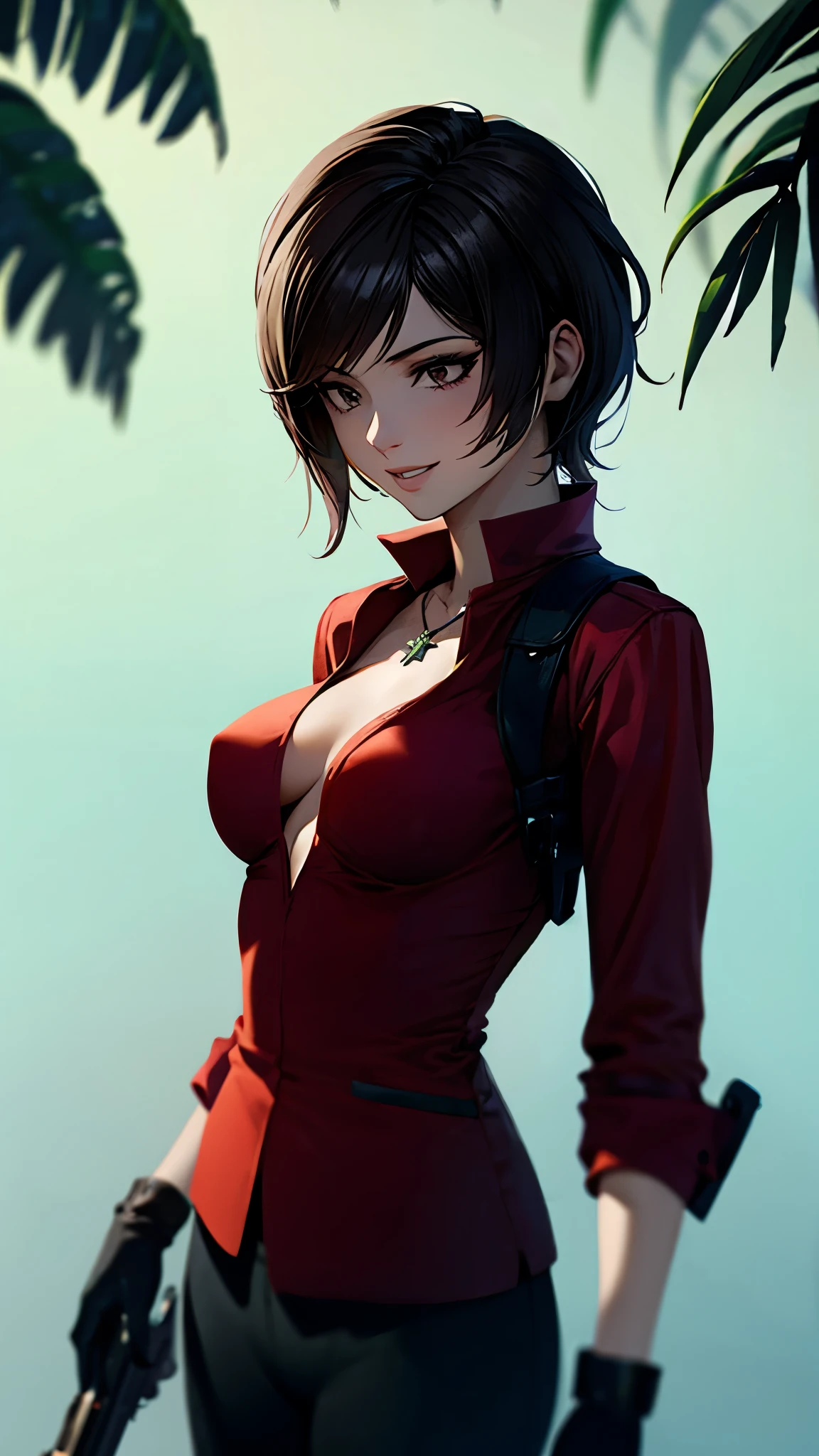 （ super quality, ultra high resolution with forest background,16k,super masterpiece,Ultra HD ,Detailed shading and background,）Resident Evil 6,Photographing the upper body,Short, straight, black hair ,（A red shirt suit that has been unbuttoned, spread wide, and stood straight,Folded sleeves, black long gloves,Tight black pants, black long boots ,） cross necklace, provocative smile ,Thick lips,Rooftop at night,