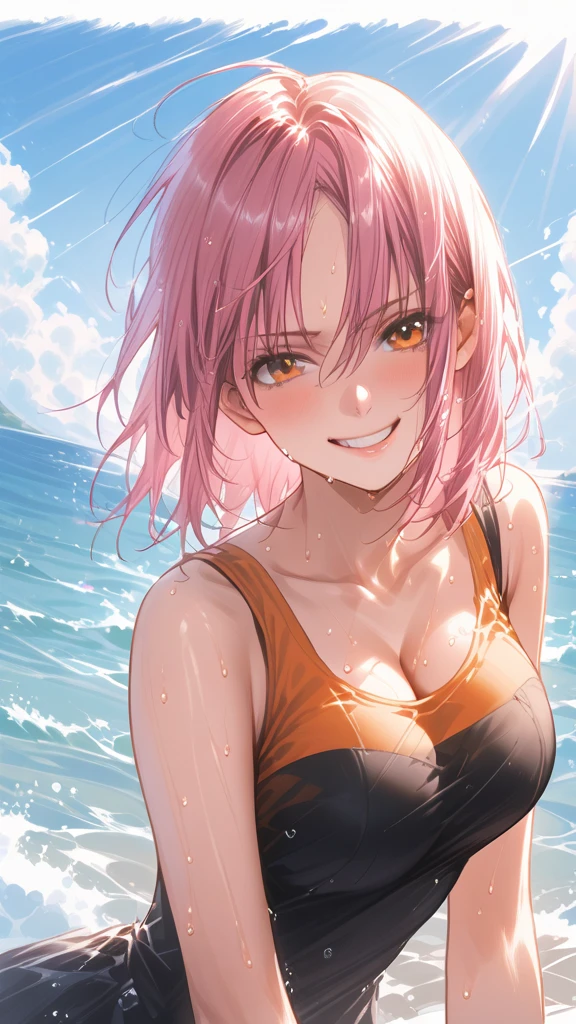 Gotoh history,hot pink hair,large breasts,  best quality 、Realistic、Japanese、woman、cute、 orange eyes、 short hair、All on the back、 forehead sticking out 、 ocean、Midsummer、 Strong sunlight 、sweaty orange tank top、joy、 smirking 、 face close-up、slender