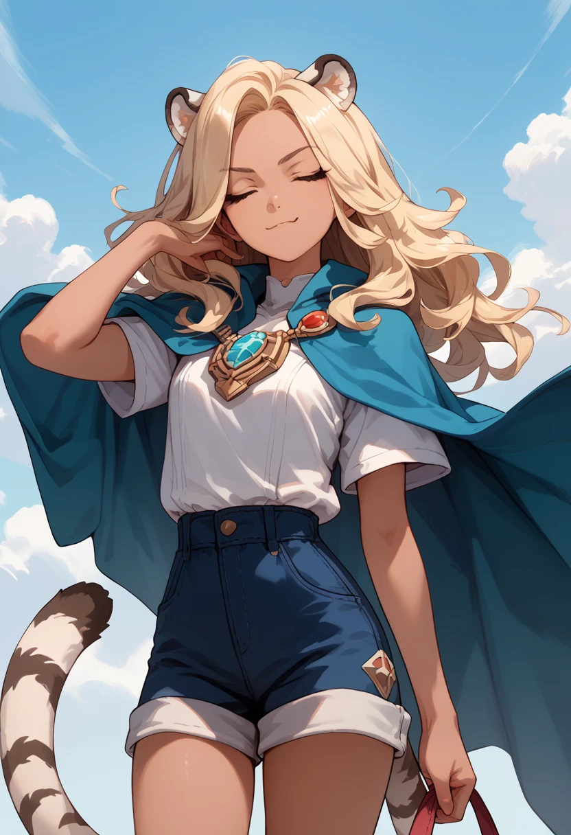 ((masterpiece)), 1girl, solo, long hair, white with blonde hair, white tiger ears, white ocelot tail, Cape, vision, closed eyes, tan skin, shorts, thick hair, looking at viewer, sly smirk, Rollers, teasing viewer.