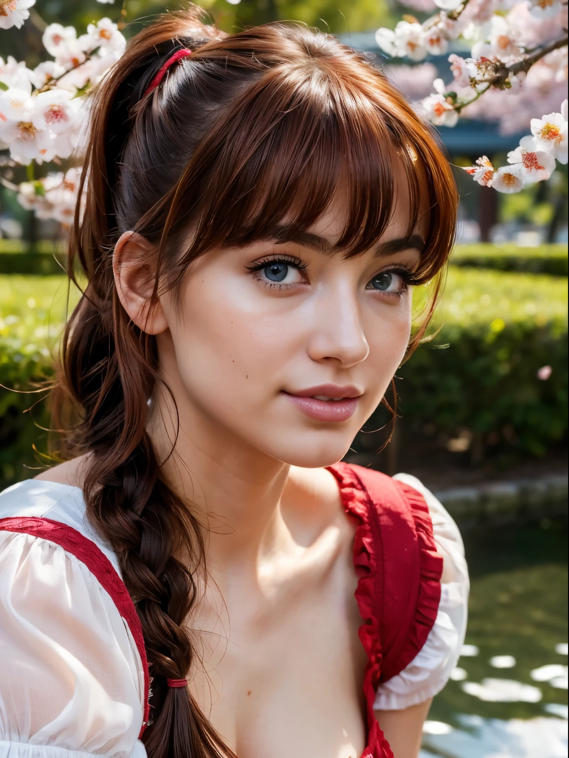 (masterpiece, best quality:1.4), (close up:1.5), (eyes focus:1), 1girl, ranma-chan, (1girl), solo, blue eyes, (red hair),  bangs, tangzhuang, braided ponytail, sleeves rolled up, on a chinesse garden with sakura trees, a bridge and water, looking at viewer, sexy smile, beautiful face, highly detailed face, highly detailed eyes, highly detailed skin, skin pores, subsurface scattering, realistic pupils, full face blush, full lips, detailed background, depth of field, volumetric lighting, sharp focus, absurdres, realistic proportions, good anatomy, (realistic, hyperrealistic:1.4), 16k hdr, medium breast, show nipples, show vagina, open legs:1.5, wide open legs.