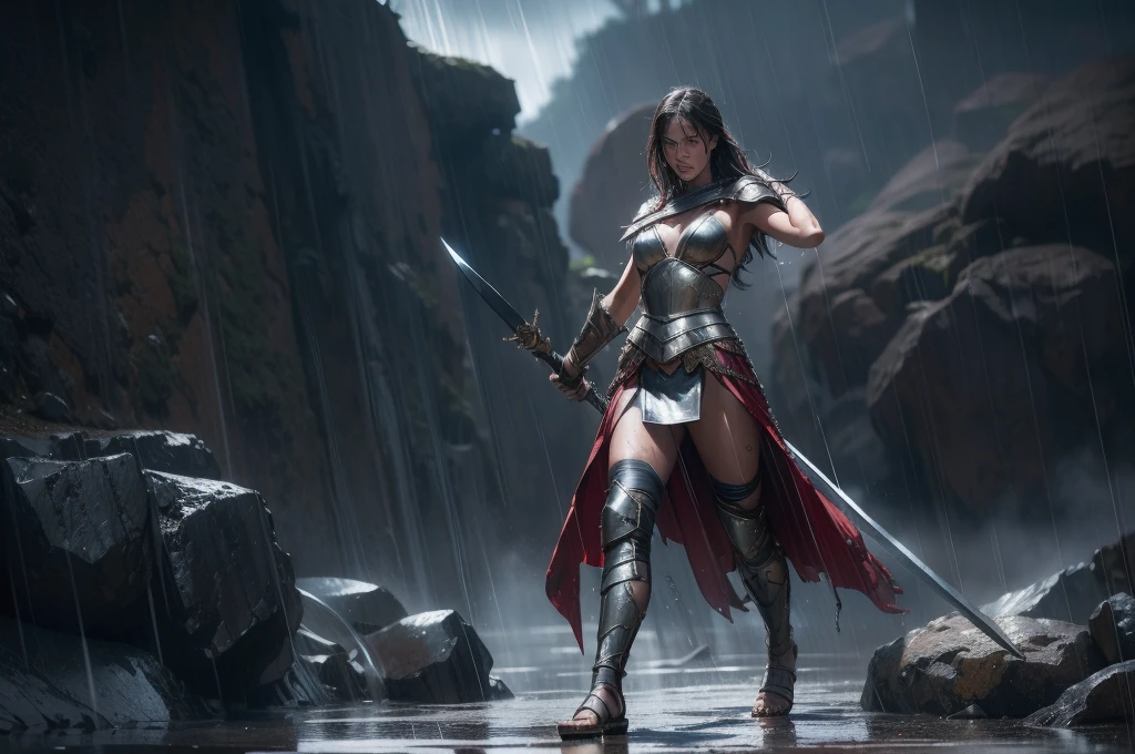 ((Full body photo, standing, feet on the ground)) 2girls, a woman dressed as a warrior holding a sword, sexy painting of gal gadot, fishnet tights, tyler edlin fantasy art, fantasy woman, gal gadot as hell lord, zenescope, a very beautiful berserker woman, magali villeneuve', as seen on artgerm, very beautiful female barbarian, artgerm julie bell beeple, 4k fantasy art