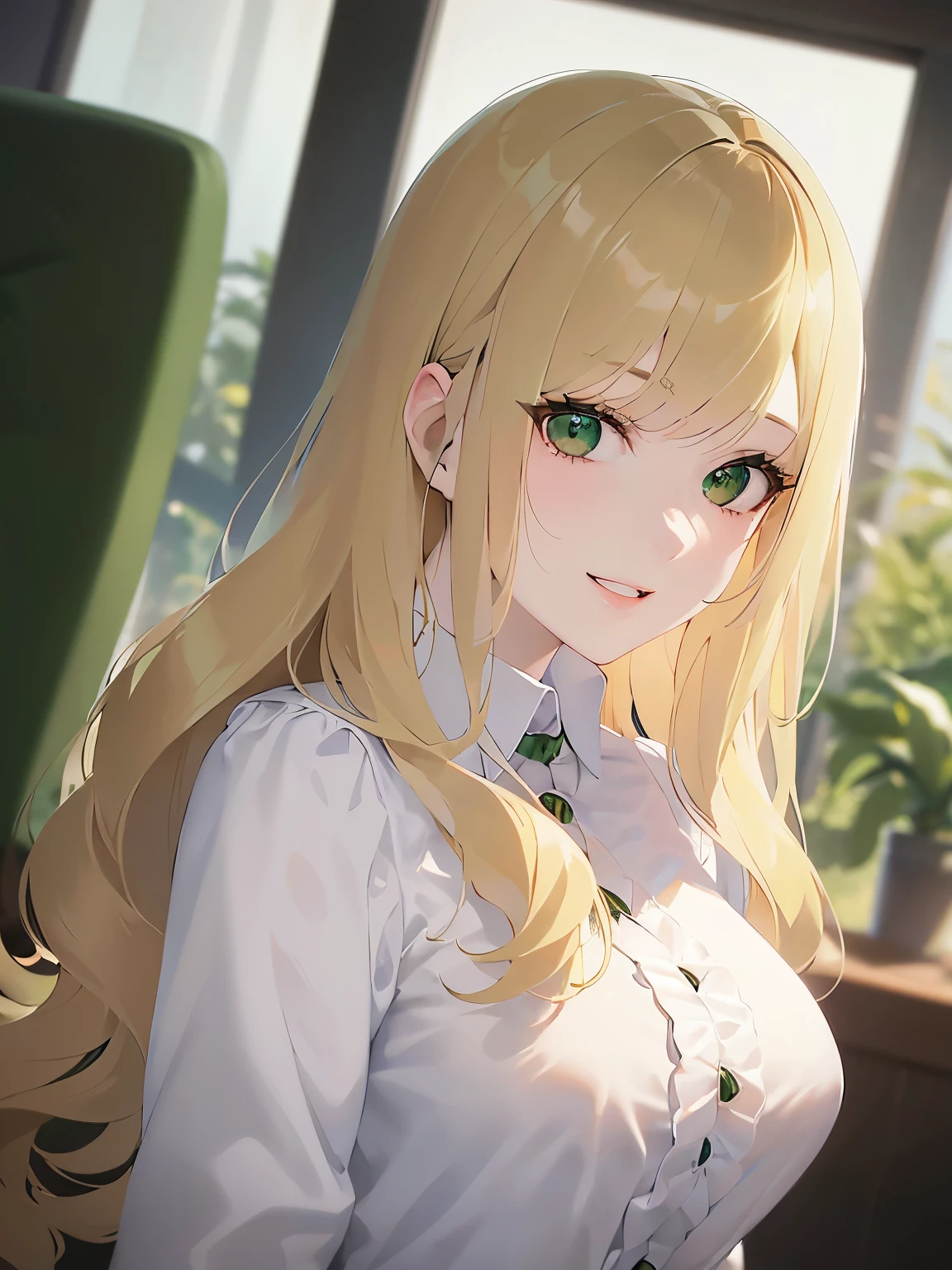 ((Highest quality)), ((masterpiece)), (detailed), (Perfect Face)、The woman is Tiare, with green eyes and medium-length blonde hair.