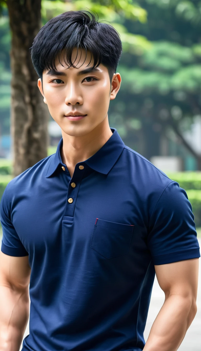 solo , 1man , thai man , blue shirt with collar , black Long pants , happy