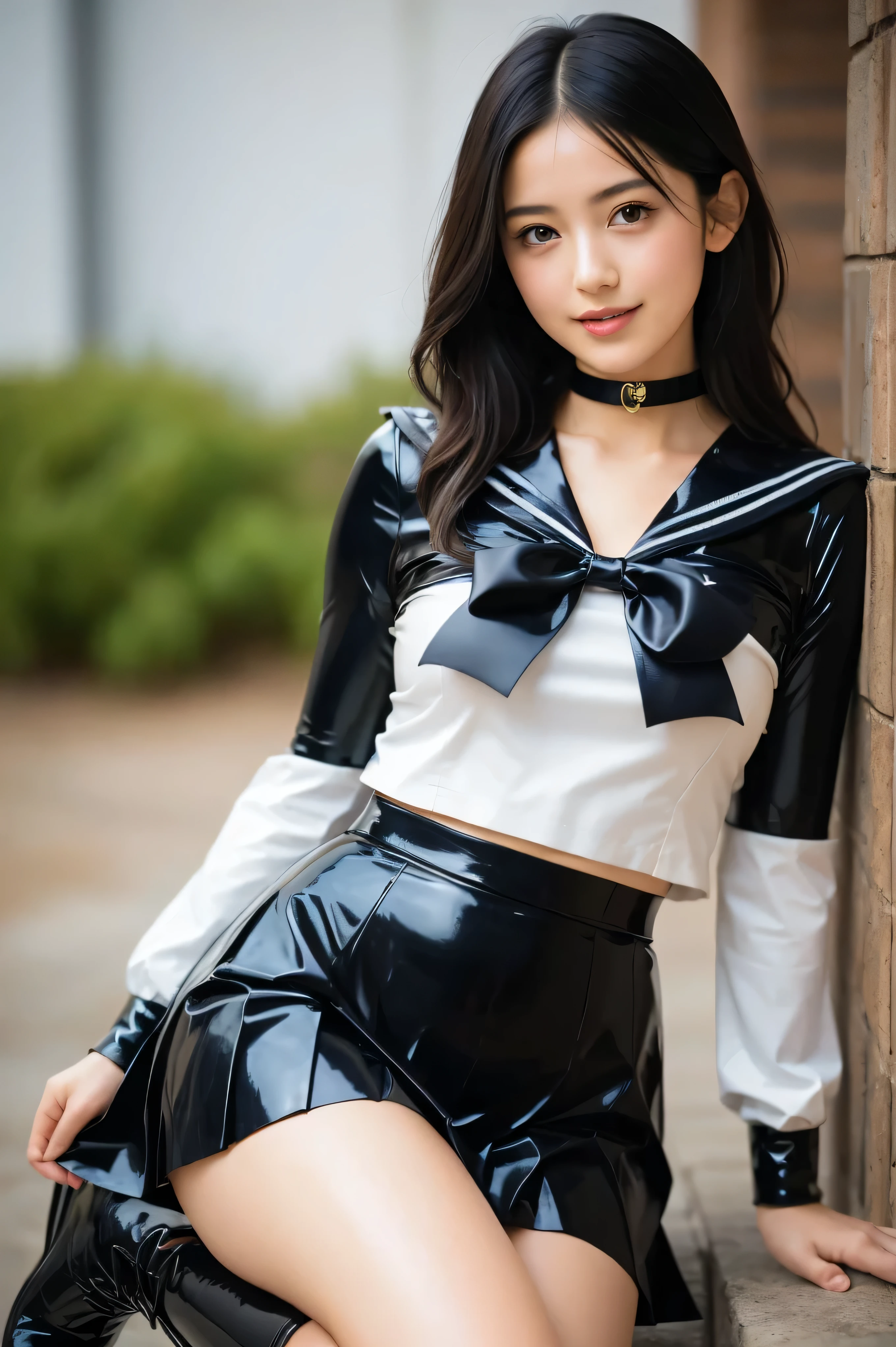 (masutepiece:1.0), (Best Quality:1.4), (超A high resolution:1.2), (Photorealistic:1.4), (8K, Raw photo:1.2), (Soft Focus:1.4), 2 Woman, posh, (Sharp Focus:1.4), (Korean:1.2), (Japanese:1.1), Detailed beautiful face, Black bob hair, (black latex sailor suit:1.2),long-sleeve,(latex sailor collar:1.2),wrap a red latex ribbon,Latex sailor suit like Sailor Moon,latex Sailor Moon Costumes,latex Sailor Moon ,Sailor Moon ,Tight,(Black latex pleated skirt:1.2),Pichi Pichi,(Leather boots),all black latex , skin shine white and moist, Smiling,school hugetits