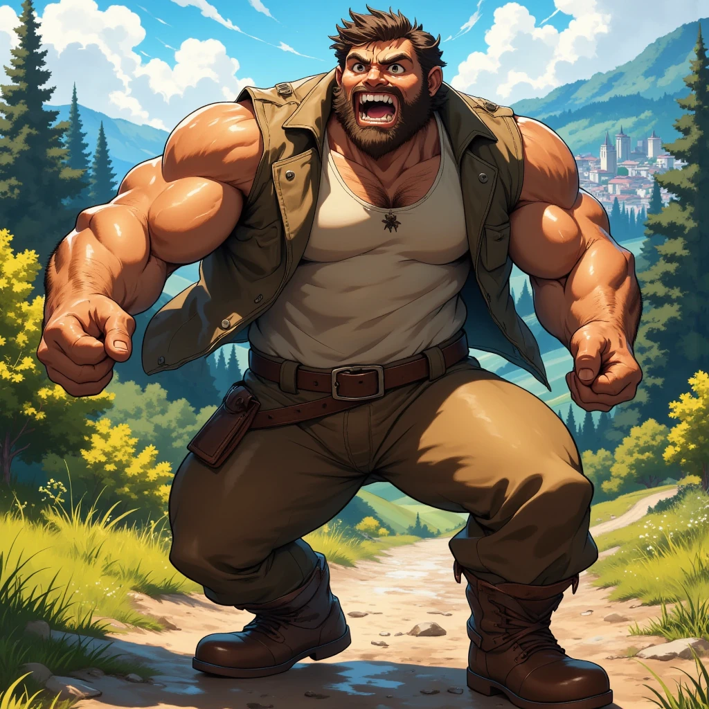 character focus, full body, looking away, dynamic angle, european fantasy, a muscular middle-aged human man, (jacket), (shirt), pants, boots dynamic pose, BREAK complete anatomy, perfect proportions, beautiful thigh gap, BREAK detailed boots, detailed foot, detailed hands, 5fingers, 5fingers nails, BREAK manly, intense face, insanity detailed face, male face, big face, square jawline, aesthetic anime eyes, detailed brown eyes, detailed brown cornea, detailed dark brown irises, detailed pupils, male eyes, big eyes, male eyebrows, innocent look, beautiful beard, BREAK full body in Michelangelo Buonarroti style, digital illustration anime, housamo style, detailed painting landscape, city, path, outdoor, full color, HDR, BREAK masterpiece, official art, best quality, very aesthetic, absurdres, super fine illustration, great quality, BREAK noise reduction, very highres, large filesize, high quality, 32K, 8k wallpaper, dynamic lighting, BREAK insanity detailed, ultra detailed, intricate details, extremely detailed, detailed texture, an extremely delicate and beautiful, BREAK Japanese cartoon, harmonious, pastoral face, virtuous eyes, city atmosphere