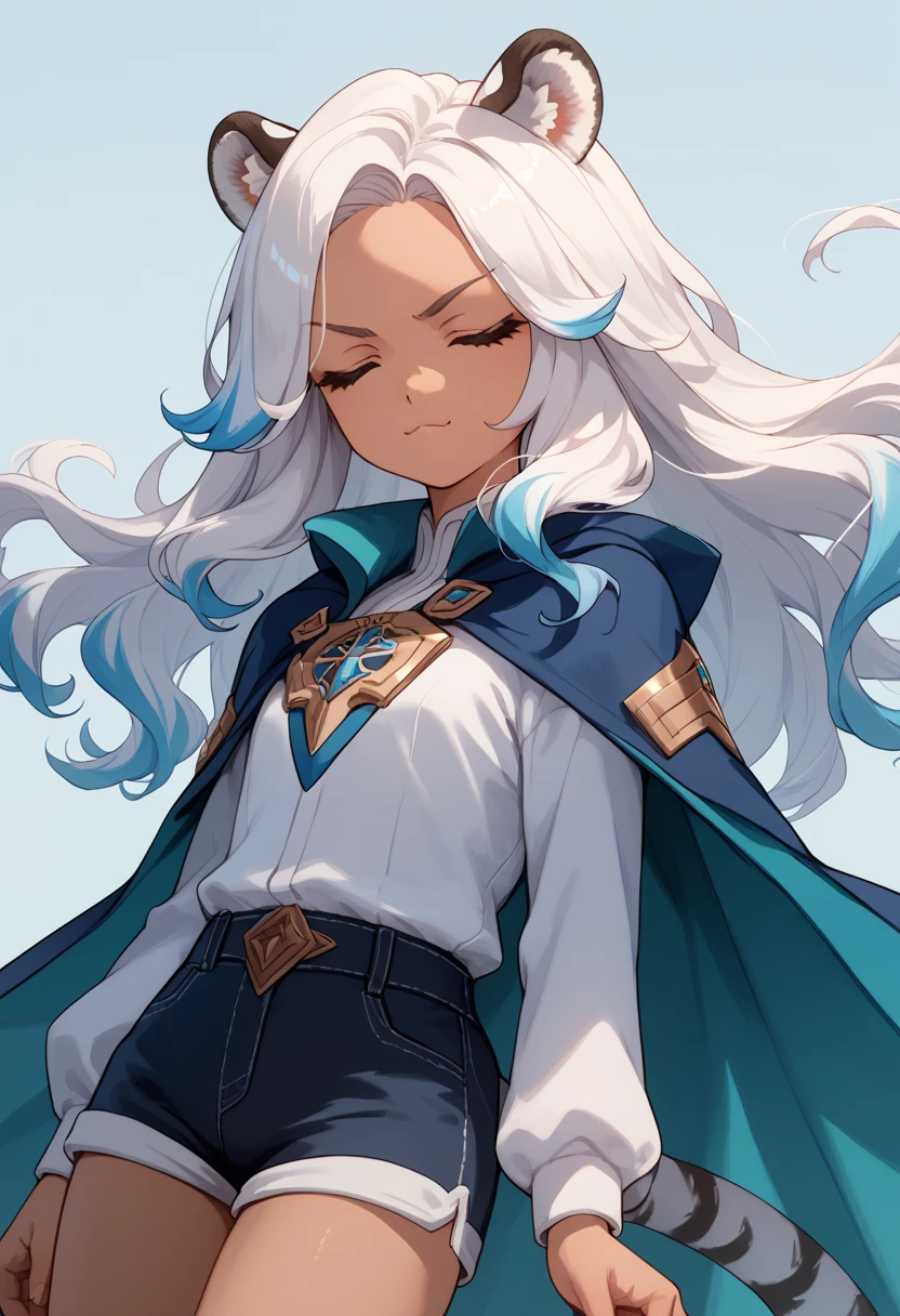 ((masterpiece)), 1girl, solo, long hair, white hair, two-tone hair, white tiger ears, white ocelot tail, Cape, vision, closed eyes, tan skin, shorts, thick hair, looking at viewer, sly smirk, Rollers, teasing viewer, young, cute.