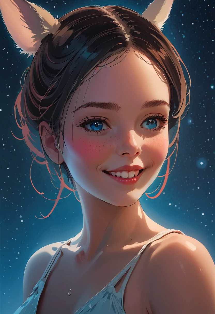 Young Girls. Portrait of a Smile ,  Smooth Lines ,  simple background, Emphasize light,  Shadow and Space Perception,  Rich Negative Space ,  Uplifting Comics , Emphasizing a Smile , (Oily skin、Real skin texture 、 Every detail shows beautiful skin、Brightening skin ),,  starry night , ( in a Primitive Style . David Martiashvili.  Spartak Mukanov . Sven37. Peter Elson,  Ryohei Hase ,  Rafael Sansi , Pino Dani, Ray Caesar).  Life-Themed Art ， ( conceptual art ) dripping paint ,