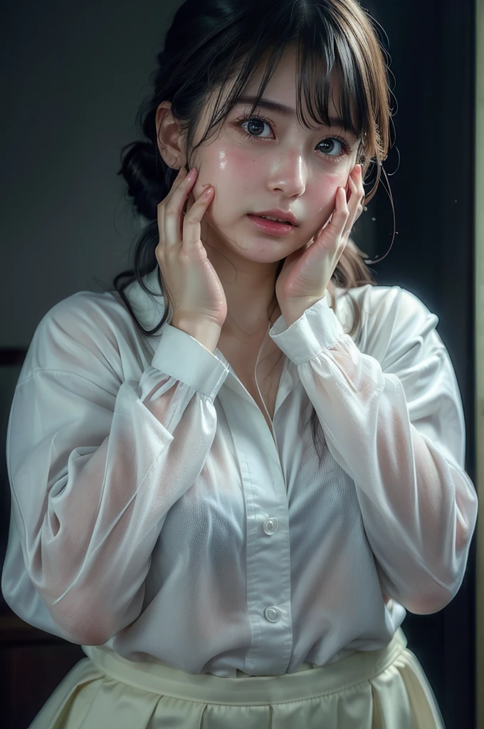 Masterpiece, top quality, girl, torn white wet shirt, skin exposed, half-undressed, crying, messy, crazy face, sweat, indoor, (crying: 1.8)
