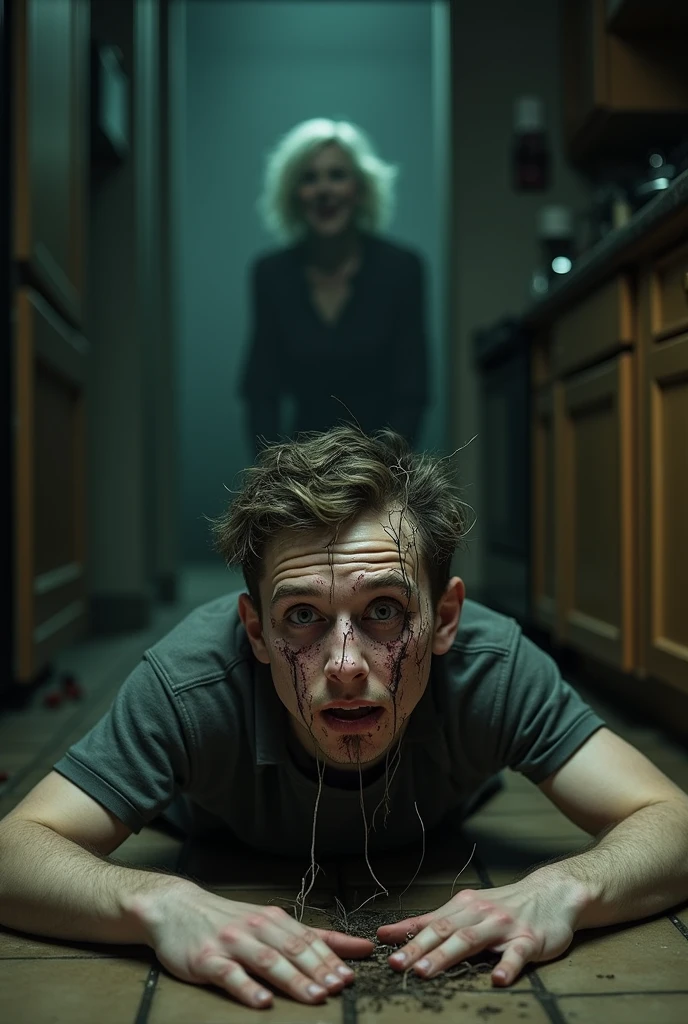 close up of a scared white man running in a hallway, nightmare 