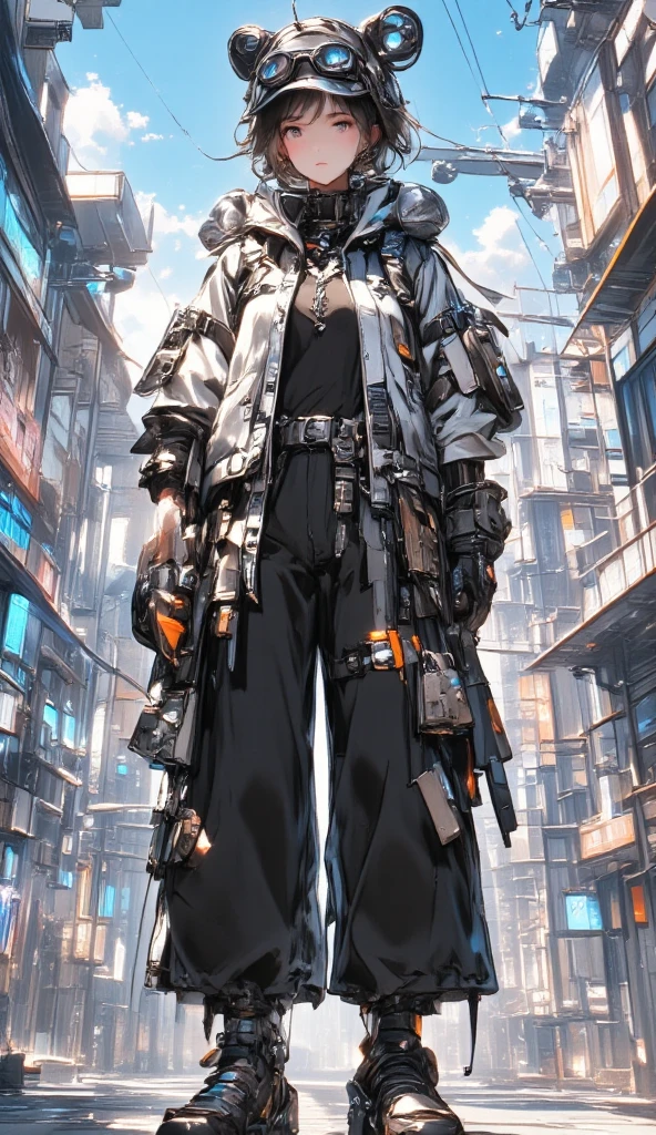  a woman wearing a jacket and wide black pants with a visor hat black sneakers with orange stripes,  long strap belts in jacket and pants Cyberpunk art by Russell Dongjun Lu , trending on CGSociety, arte digital, Cyberpunk streetwear, techwear look and clothing , wearing Cyberpunk streetwear,  Technological clothing of the future , futuristic techwear, cyberpunk style, cyberpunk technical clothing, technological fashion,  Cyberpunk character design , cyberpunk clothing