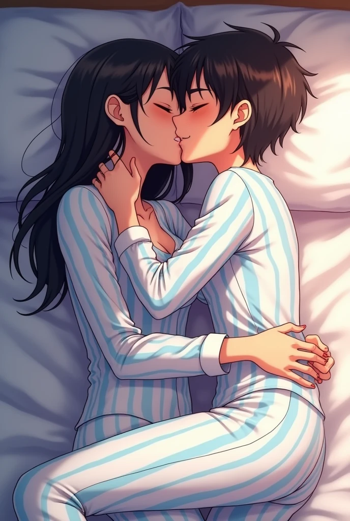 Amazing portrait of a sexy and woman wearing a black and white striped t shirt and a dark green skirt kissing and making out passionately with a shirtless boy on the bed in an intimate setting