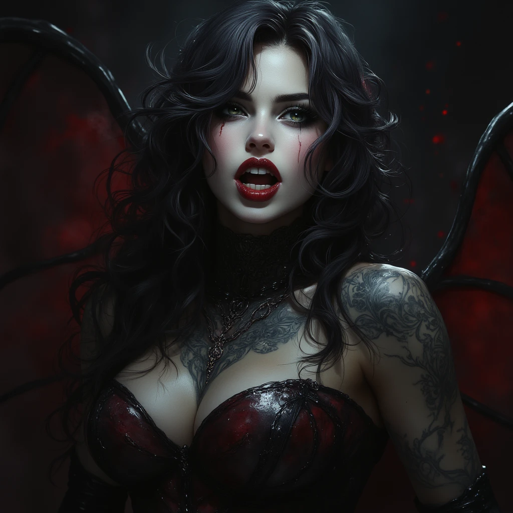 macabre woman, with flaming eyes, hair shining (reddish black background), bloody wings, ((真实感))