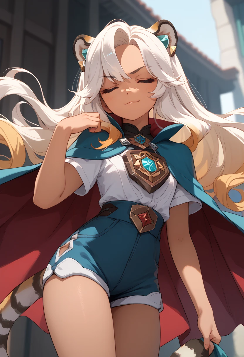 ((masterpiece)), 1girl, solo, long hair, white hair, two-tone hair, white tiger ears, white ocelot tail, Cape, vision, closed eyes, tan skin, shorts, thick hair, looking at viewer, sly smirk, Rollers, teasing viewer, young, cute.