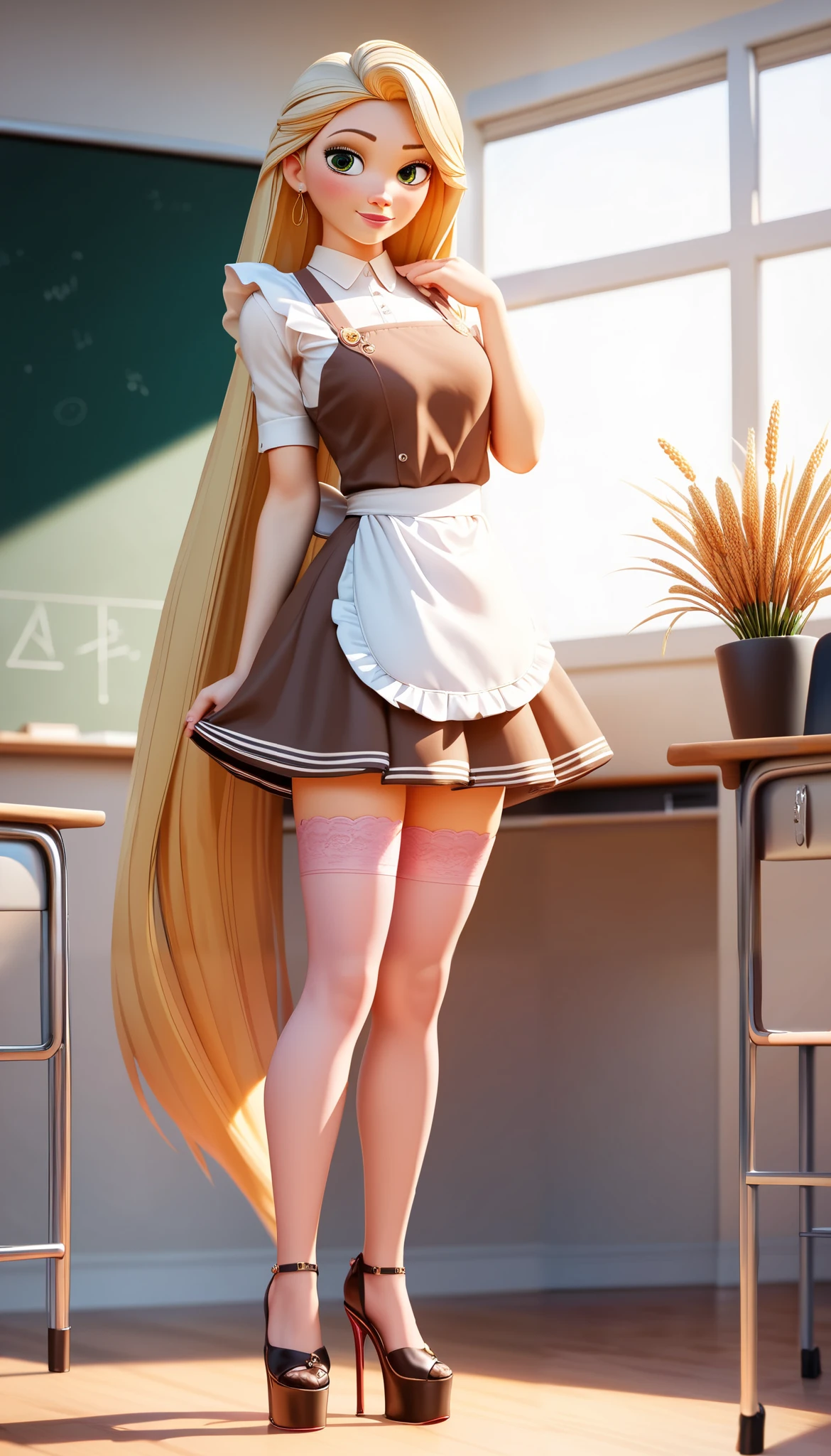 (Perfect Anatomy), Masterpiece, Ultra High Quality, 8k, masterpiece, Highest quality, Ultra-high resolution, Maximum resolution, Very detailed, Professional Lighting, anime, young female, 1 japanese 1 female, Rapunzel , petite girl, thin teen, so beautiful, Highly detailed eye, Highly detailed face, Golden earrings, wheat color Hair, Straight bangs, full body, standing, (wearing a (brown short dress with lace white apron)), ((brown dress)), (classroom indoors theme), (pink elastic stockings), (high heels) (platform shoes), show her wet inner thighs, ((blow upskirt)),