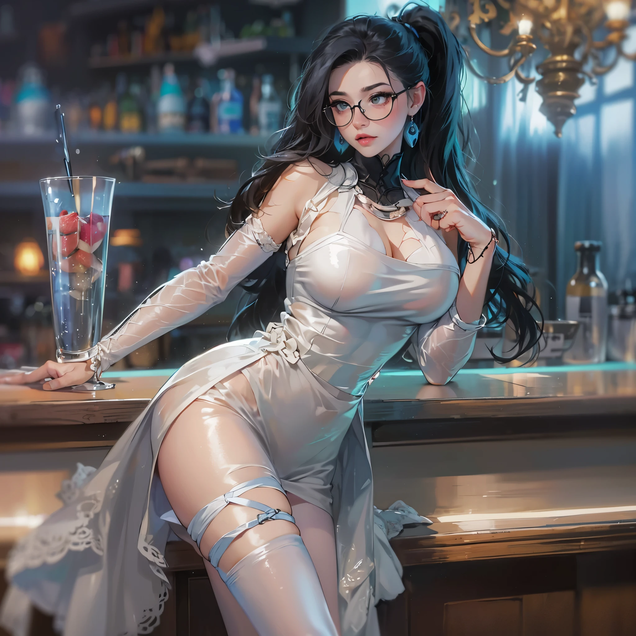 action shot a picture of a curvy woman (Masterpiece 1.5, intense details), full body (Masterpiece 1.3, intense details), sitting in a bar, sipping a cocktail, wearing a white mini dresasterpiece 1.3, intense details), slightly hiding the edge of white silk stocking (Masterpiece 1.3, intense details), almost hiding vampiric fangasterpiece 1.3, intense details), wearing high heels, smirking, glasses, black choker (intense detailake up, black hair, long hair, ponytail, very long hair, hair strand, hairpin, eye reflection, intense azure eyes, light makeup, shy, blush, photorealistic, Realism, depth of field, dim light, full body, silhouette, from side, Ultra-Wide Angle, retina, UHD, best quality, 8k, highres, high detailasterpiece:1.3), (8k, Photorealistic, RAW Photography, Best Quality: 1.4), ahegao, (((perfect anatomy:1.5)))