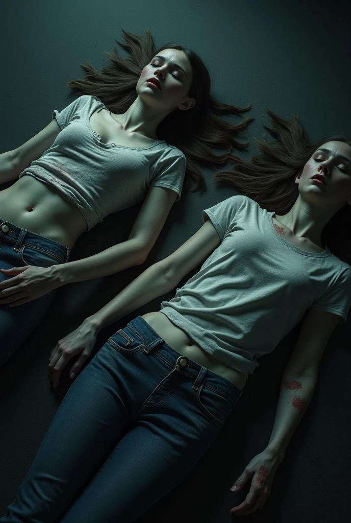 ((sexy 20s two blonde ukrainian girls)), black and dark blue tight skinny jeans, belt, nike white air force one sneakers, topless, (((full view))), full body view, lying on the morgue, dirty and wet skin, blood all over the body, scratches, bruise, sleeping, lifeless, eyes closed, mouth open, necklace, showing tits, nipples, wristwatch, bracelet, dead girl, showing armpit and belly button, street view, tortured