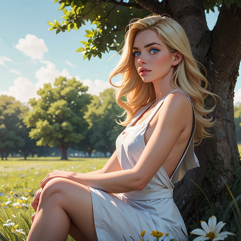 Lily James (blonde) lying naked in the grass at twilight, (((legs wide open))), (((legs straight))), (((shy))), shot from the side