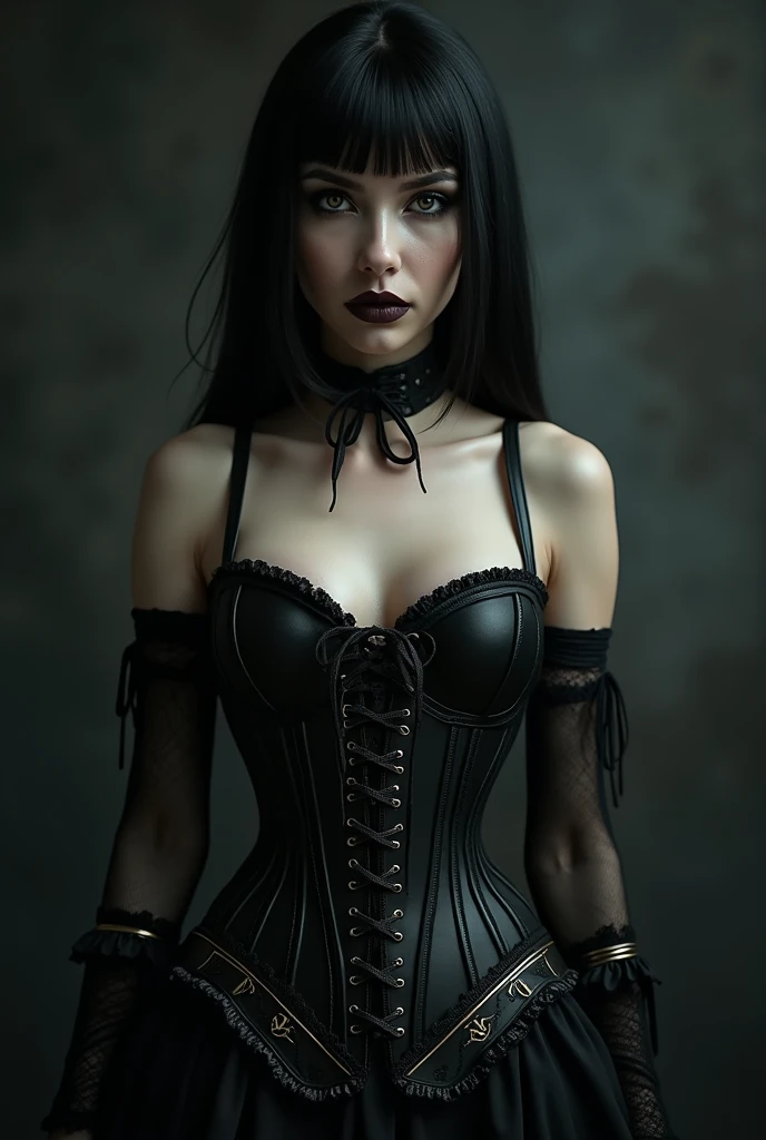 Create a character: a project that united the DNA of big celebrities Selena Gomez and Kendall Jenner. Creating the most beautiful woman in the world, her beauty resembles that of Cleopatra. She is 2, a gothic woman, Bblack hair, Short BOB haircut, wears gothic makeup, gorgeous blue eyes, full mouth, black lipstick, thick eyebrows. She has a beautiful body, body awarded for its beauty, perfect shaped breasts, perfect waist, perfect ass, Perfect hip, perfect leg, perfect arms and hands. She wears a black corset, black leather skirt, black fishnet stockings and black boots.um sexy, awarded photo, woman in a sexy dominant pose, breathtaking cinematic photo, photo of sexy movies, erotic, elegant seducing pose, very sexy pose, head in front of the camera, frontal image, Look to viewer, Attractive posing, bold poses, posing frontally, she is looking at the front of the camera, sensual woman. Image Settings -Resolution " 16K, ultra HD, high qualiy, realisitic, retina, artistic, precise, anatomically correcte, texturized skin, high détail, awardwinning, cinematic lighting, hdr smooth, sharp focus, Canon EOS R5, 35mm" -Composition "Close-Up " -Background "Indoor studio setting" -PhotographyStyle "lo fashion, editorial, magazine style" -ArtisticEffect "photorrealistic, Masterpiece artwork, high budget Hollywood movie feel, Cinemascope, epic, marvelous, film grain, plein-air, super realistico, super verbose" Other Settings -ModelPose "sitting down, looking directly at the viewer, "