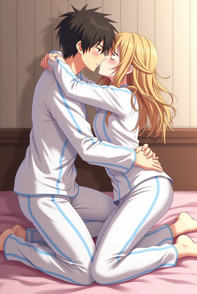 an adult girl, Blonde, blue eyes, loose hair, lying in her bed with a somewhat sick face, in pink full body pajamas, There is an adult boy next to her sitting on the bed to take care of her., black hair