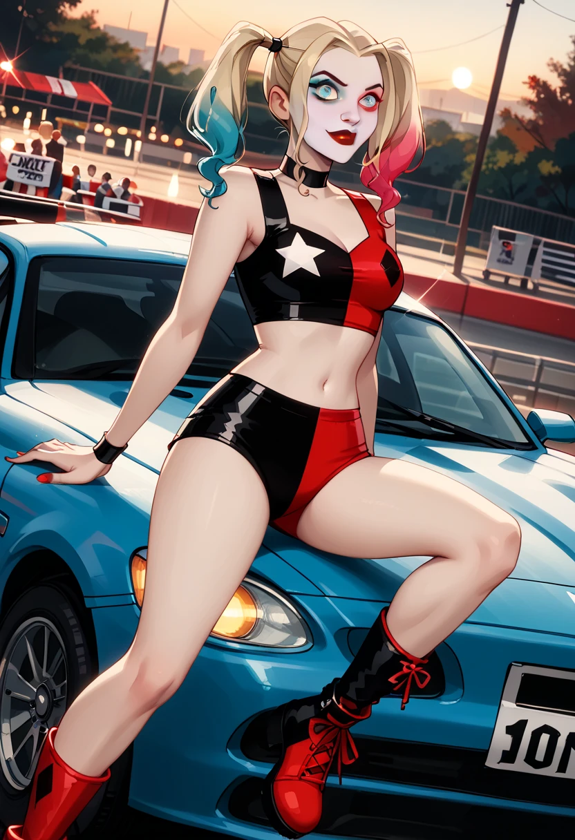 score_9, score_8_up, score_7_up, score_6_up, rating_questionable, 1girl, solo (Harley Quinn, twintails, multicolored hair, blonde hair, blue eyes, black choker, makeup, lipstick, red lips, race queen:1.4), wearing (shorts, crop top, thighs, ankle boots:1.3), midriff, navel, car, motor vehicle, confident, seductive, elegant, glamorous, sexy pose, model pose, sexy pout, (sunset:1.1), shallow depth of field, highly detailed, bokeh, moody, gorgeous, film grain, grainy (Hand, detailed, perfect, perfection, hands:1.2), perfect hands, perfect proportions, highly detailed face, highly detailed eyes, (detailed background), (low angle:1.3).