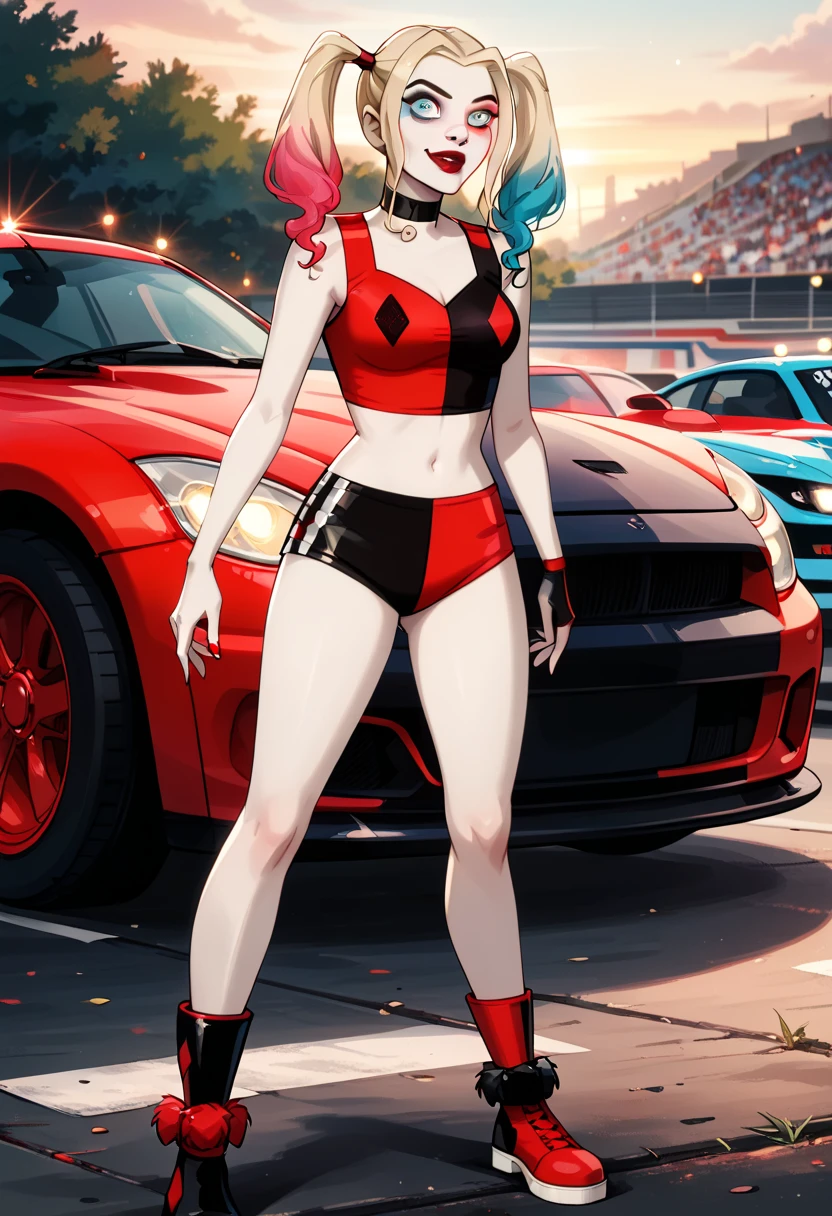 score_9, score_8_up, score_7_up, score_6_up, rating_questionable, 1girl, solo (Harley Quinn, twintails, multicolored hair, blonde hair, blue eyes, black choker, makeup, lipstick, red lips, race queen:1.4), wearing (shorts, crop top, thighs, ankle boots:1.3), midriff, navel, car, motor vehicle, confident, seductive, elegant, glamorous, sexy pose, model pose, sexy pout, (sunset:1.1), shallow depth of field, highly detailed, bokeh, moody, gorgeous, film grain, grainy (Hand, detailed, perfect, perfection, hands:1.2), perfect hands, perfect proportions, highly detailed face, highly detailed eyes, (detailed background), (low angle:1.3).