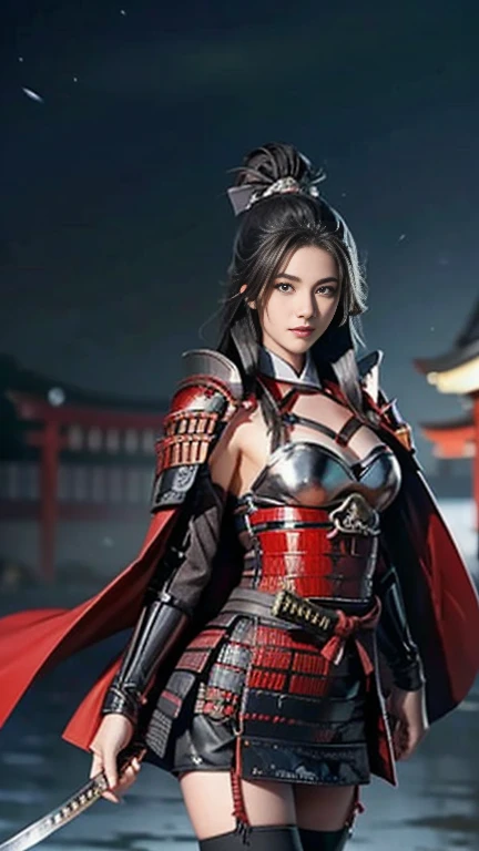   best quality, masterpiece,  ultra high resolution with forest background, (reality: 1.8), Original photo,  Beautiful black-haired woman ：1.3, Topknot ,((dynamic pose)),(looking at viewer),(facing at viewer),((walking)),((  Precisely Engraved Silver Night Armor:1.3 )),Breasts are 2 /3 exposed skin ,big breasts,cleavag,underboob,plunging necklines, SUPER MINISKIRT ARMOR ,  underwear is red high leg , Wears Silver Armor on Her Shoulders ,(Black Cape), beautiful skin like silk , Wide neckline, beautiful silhouette   ,  black tights,(traditional Japanese village),flag,Oda Nobunaga Family Crest , (8k,  RAW photos ,  best quality),  handsome，美しい女性warrior, detailed digital art , Very nice work of art,(on stage:1.2),( female shogun gives orders to soldiers :1.3),Muscular,(warrior:1.2),dynamic,confident,Inappropriate smile,Overbearing,warrior：1.2,Japan,((holding katana)),