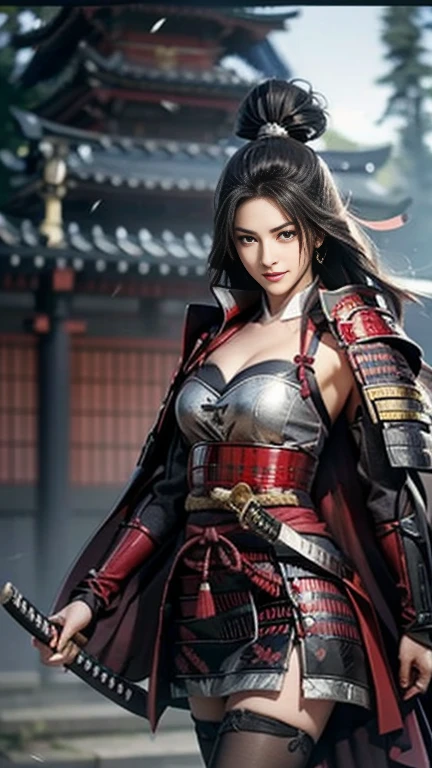   best quality, masterpiece,  ultra high resolution with forest background, (reality: 1.8), Original photo,  Beautiful black-haired woman ：1.3, Topknot ,((dynamic pose)),(looking at viewer),(facing at viewer),((walking)),((  Precisely Engraved Silver Night Armor:1.3 )),Breasts are 2 /3 exposed skin ,big breasts,cleavag,underboob,plunging necklines, SUPER MINISKIRT ARMOR ,  underwear is red high leg , Wears Silver Armor on Her Shoulders ,(Black Cape), beautiful skin like silk , Wide neckline, beautiful silhouette   ,  black tights,(traditional Japanese village),flag,Oda Nobunaga Family Crest , (8k,  RAW photos ,  best quality),  handsome，美しい女性warrior, detailed digital art , Very nice work of art,(on stage:1.2),( female shogun gives orders to soldiers :1.3),Muscular,(warrior:1.2),dynamic,confident,Inappropriate smile,Overbearing,warrior：1.2,Japan,((holding katana)),