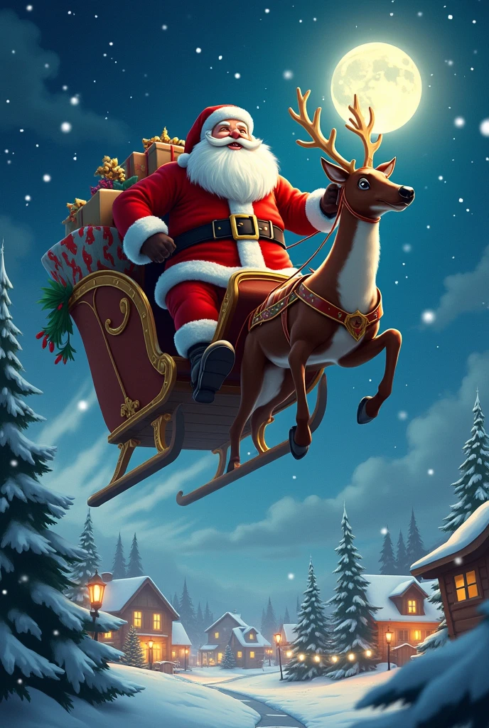 
2. サンタクロースとトナカイのイラスト

"A jolly Santa Claus in his red suit, with a large sack of gifts, riding a sleigh pulled by reindeer through a snowy night sky. The moon is shining bright, and the stars twinkle. The sleigh is flying over a small village with Christmas lights."
