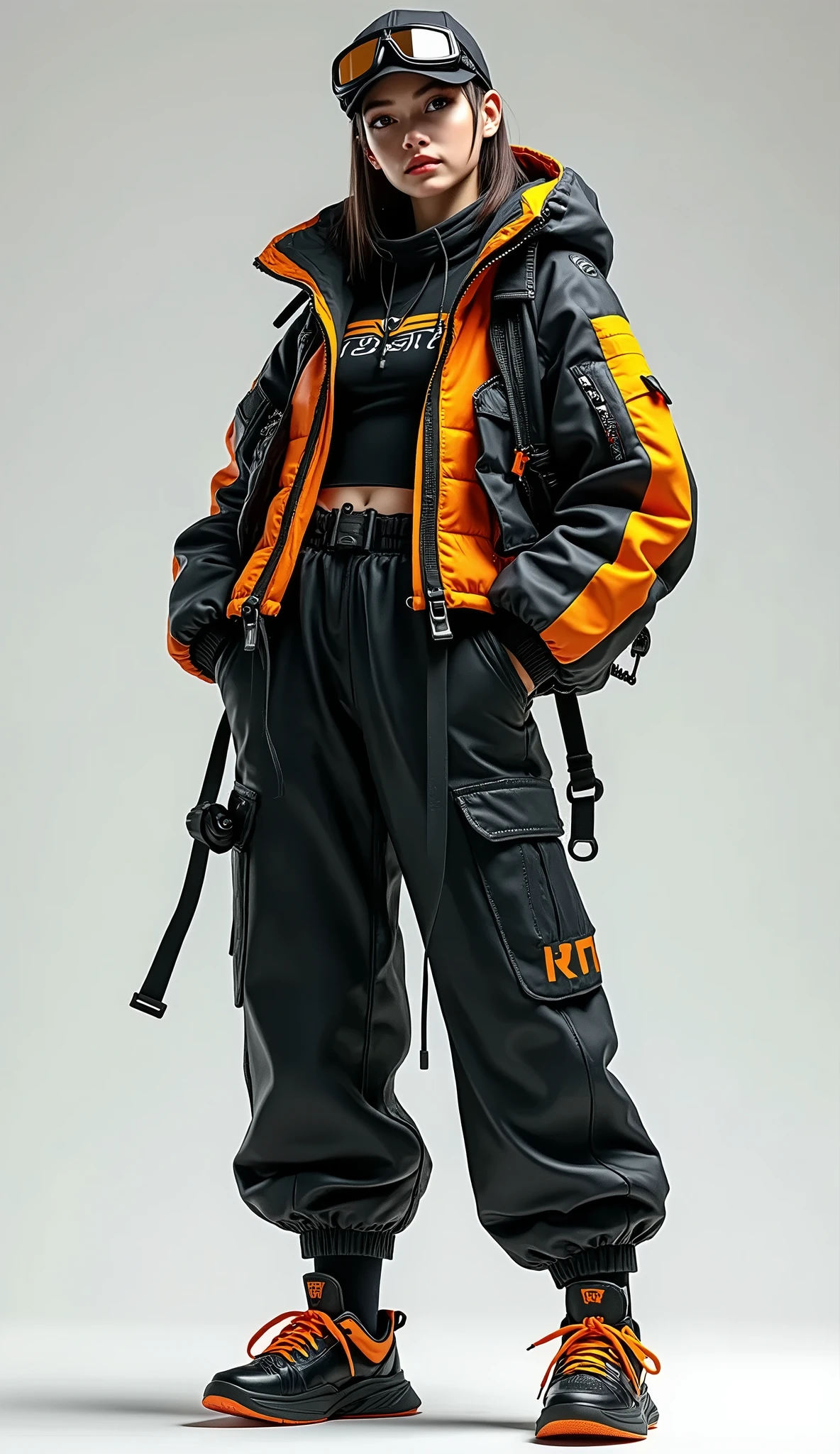  a woman wearing a jacket and wide black pants with a visor hat black sneakers with orange stripes,  long strap belts in jacket and pants ,  poses dynamically hands in trouser pockets, NArte cyberpunk by Russell Dongjun Lu , trending on CGSociety, arte digital, Cyberpunk streetwear, techwear look and clothing , wearing Cyberpunk streetwear,  Technological clothing of the future , futuristic techwear, cyberpunk style, cyberpunk technical clothing, technological fashion,  Cyberpunk character design , cyberpunk clothing