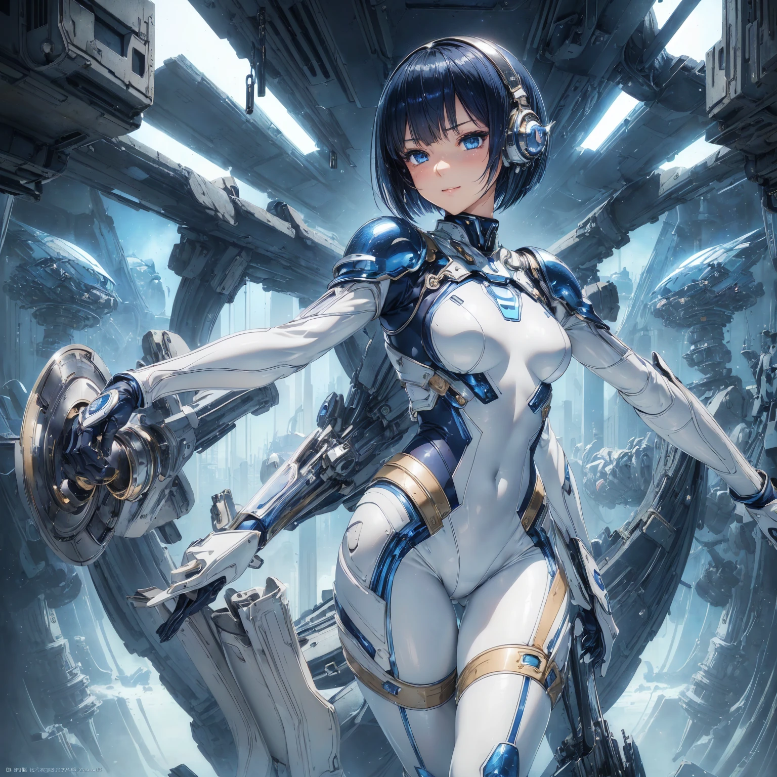 (masterpiece、highest quality、Highest Resolution、Clear_image、Detailed details、Angle from above): (Whole body、One 20 year old girl、Japanese Faces、Small Face、Slender、Navy blue super short bob cut hair、(Hidden small breasts:1.3)、Sparkling blue eyes、Shiny pilot suit in blue and black colors、Chest protection armor、Tight fitting clothes、Clothing that covers the whole body、Glamorous clothes、Tight Fit Pants、Hide your skin、Very delicate and beautiful、Detailed Skin、hide thighs、Hide your ass、Cute、A gentle smile、Soft expression、heroine、headset、Knee-high boots、Elbow-length gloves、Eye Level Shot、Face directly、Woman on a spaceship)