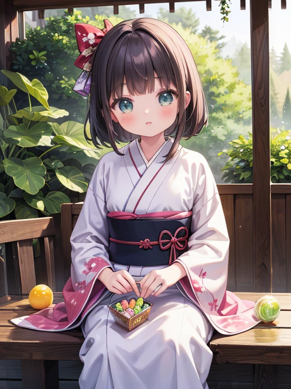 masterpiece,   best quality ,  very detailed, 16k,   ultra high resolution with forest background,  cowboy shooting alone,  detailed face , Perfect means, 18-year-old female,  Inside the candy store ,  cute kimono style costume, table, chair, [Carrying the plates, 