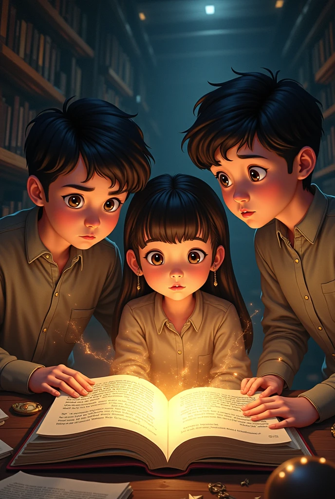 Create a picture of two school students and a girl holding a book to find the secret picture in the book (embedded puzzle game)
