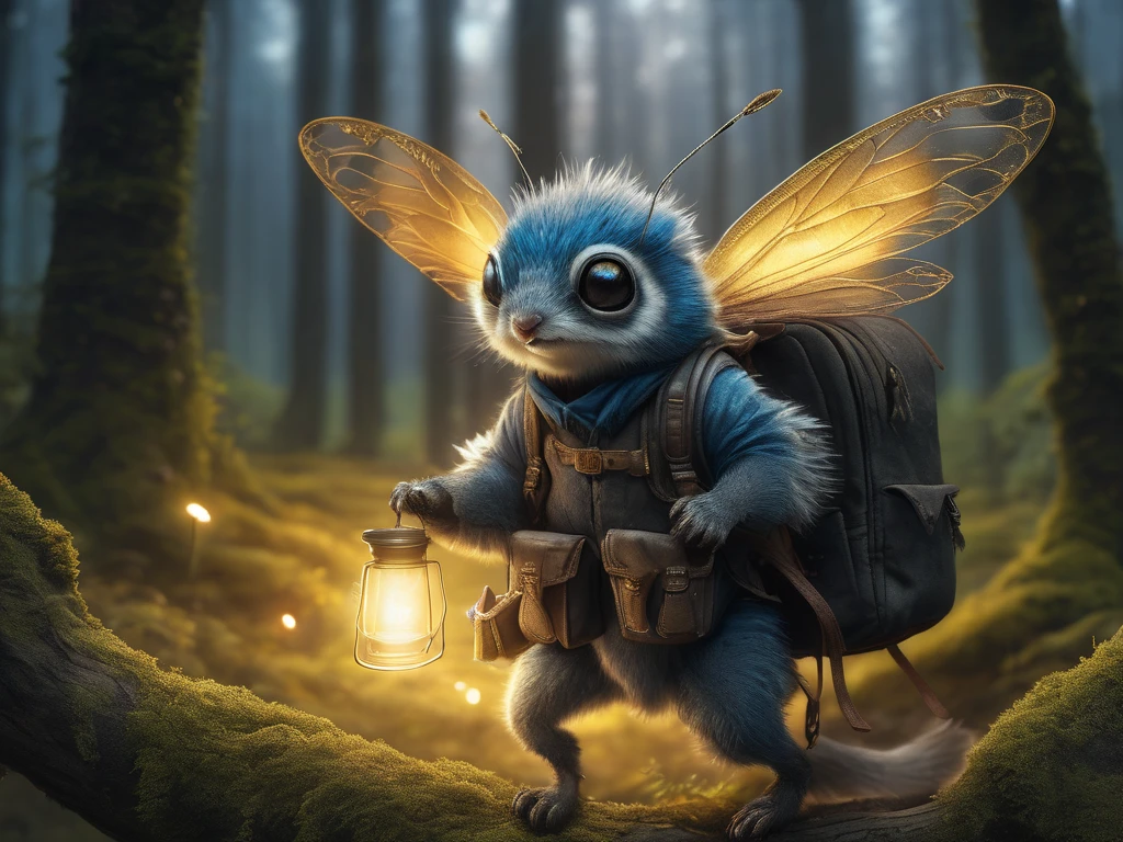 illustration of a little magical cute forest creature. The creature has a backpack that looks like a firefly with wings. fantasy art, intricate details, style Jean - Baptiste Monge, style Alan Lee, anthropomorphic insanity scene from a movie, dramatic shot angle, atmospheric particles, Real, raw cinematic photorealism, action portrait, 8k, detailed, centered, full frame, blue eyes, Eye-catching sunset, Masterpiece realistic, best high quality, perfect details, intricate details, nice lighting, detailed background,